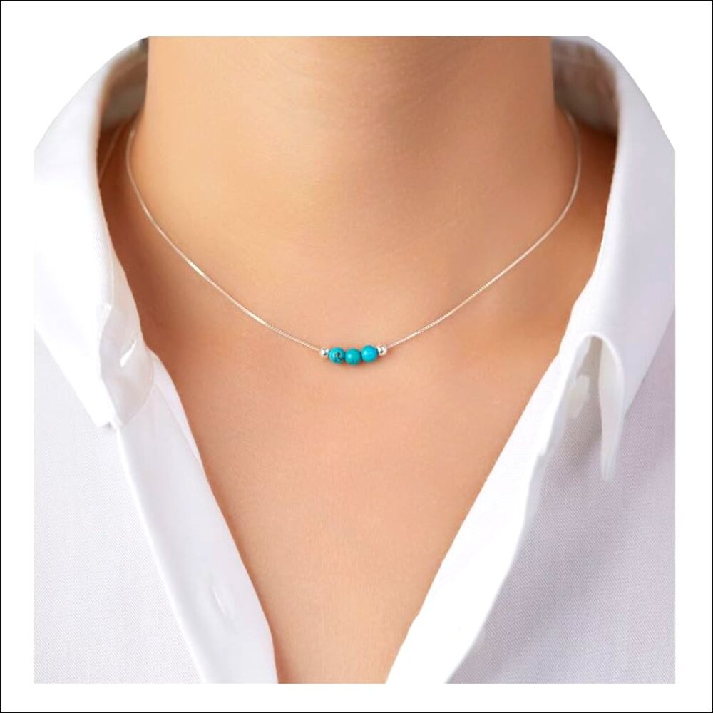 Adjustable Sterling Silver Choker Necklace with Turquoise Crystal Beads